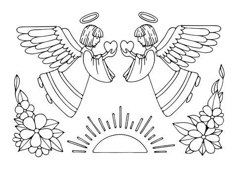 Coloring page angels give peace and love. Holy guardian angel in heaven. Hand Stock Illustration