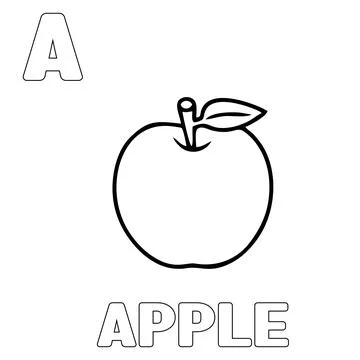 Coloring page apple fruit. Coloring and learning to recognize the letter A Stock Illustration