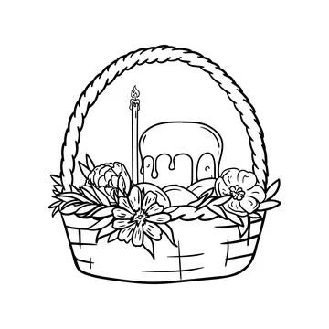Coloring page with a basket, Easter cake, and eggs Stock Illustration