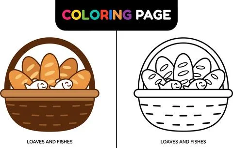 Coloring Page of a Basket Full of Bread Loaves and Fish. Stock Illustration