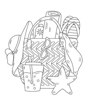 Coloring Page Of Beach Bag With All Essentials Stock Illustration