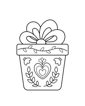 Coloring page. Beautiful present with big bow. Black and white gift box with Stock Illustration