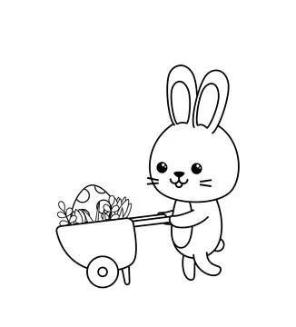 Coloring page with big Easter egg in wheelbarrow and bunny. Black and white Stock Illustration