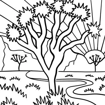 Coloring page - Black linear hand drawn Joshua tree. Minimalist line art of Stock Illustration