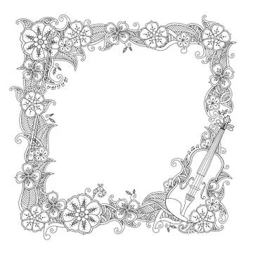 Coloring page - border, square frame with violin isolated on white background Illustrazione stock