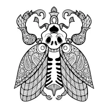 Coloring page of Bug with skull, zentangle illustartion tribal t 스톡 일러스트