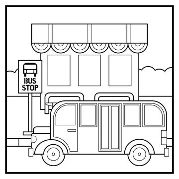 Coloring page of bus at bus stop Stock Illustration