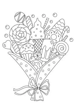 Coloring Page With Candy Bouquet Stock Illustration