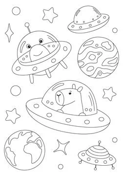 Coloring page with capybara and alien on spaceship Stock Illustration