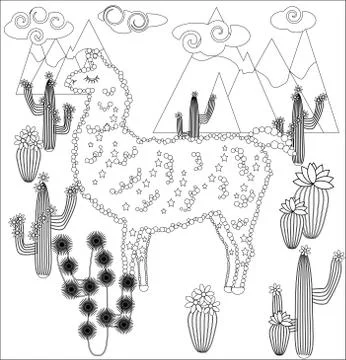 Coloring page of cartoon lama. Vector illustration, coloring book for kids. Stock Illustration