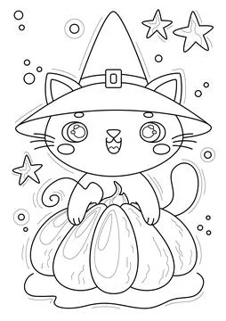 Coloring page with cat in a witch hat and pumpkin, vector illustration. Stock Illustration