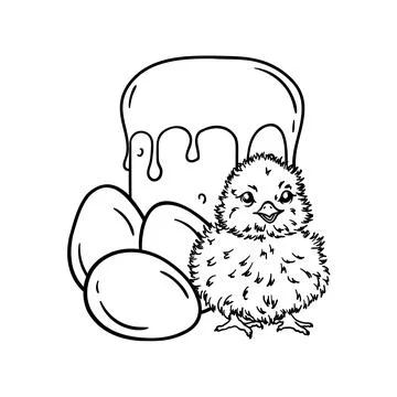 Coloring page with chicken, Easter cake and eggs Stock Illustration