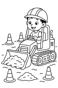 Coloring page of child driving a construction vehicle with cones and hard hat Stock Illustration