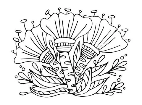 Coloring page colors thin line art. Floral bouquet of fantasy garden flowerin Stock Illustration