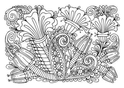 Coloring page colors thin line art. Floral bouquet of fantasy garden flowerin Stock Illustration