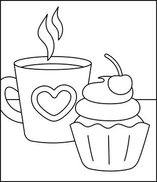Coloring page. Cupcake and cup of hot tea. Black and white dessert. Vector Stock Illustration