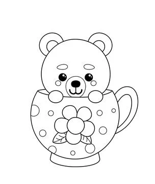 Coloring page. Cute bear in big cup. Black and white bear. Vector Stock Illustration