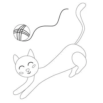 Coloring page cute cat, kitten with a ball of thread in a jump, smiling and.. Stock Illustration