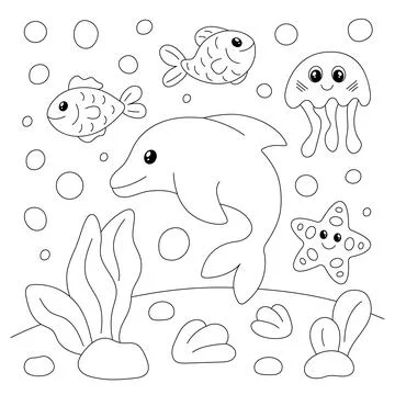 Coloring page with cute dolphin, fish and starfish Illustration