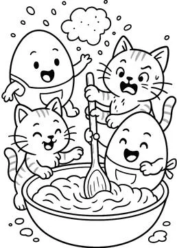 Coloring Page : Cute egg character and cute cats - Kawaii Style Stock Illustration