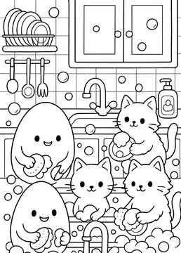 Coloring Page : Cute egg character and cute cats - Kawaii Style Stock Illustration
