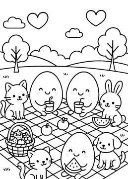 Coloring Page : Cute egg character and cute rabbits, cats, dogs - Kawaii Style Stock Illustration