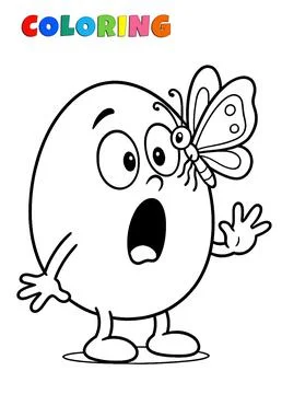 Coloring Page : Cute egg character and butterfly - Kawaii Style Stock Illustration