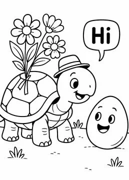 Coloring Page : Cute egg character and cute turtle - Kawaii Style Stock Illustration