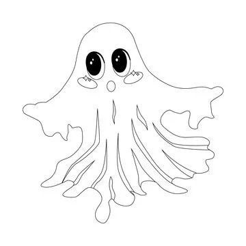 Coloring page cute ghost with big eyes, Halloween character, scary. Stock Illustration