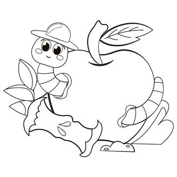 Coloring page with cute worm with apple for kids Stock Illustration
