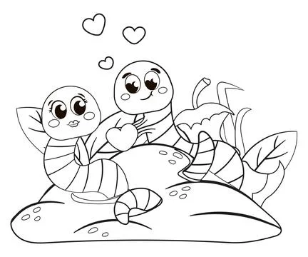 Coloring page with cute worms falling in love Stock Illustration