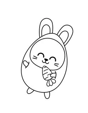 Coloring page with dancing hare in egg suit. Black and white bunny, egg, carrot Illustrazione stock