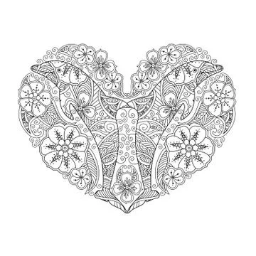 Coloring page with dolphin in heart shape isolated on white background Stock Illustration
