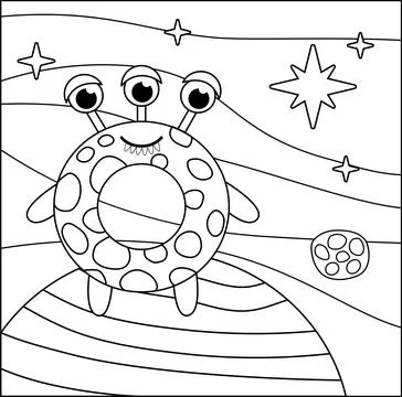 Coloring page. Donut alien in space. Black and white space monster. Vector Illustrazione stock