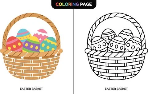 Coloring Page of an Easter Basket Filled with Decorated Eggs. Stock Illustration