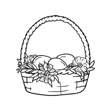 Coloring page with Easter basket, flowers and eggs Stock Illustration