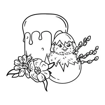 Coloring page with Easter cake, chick, willow Stock Illustration