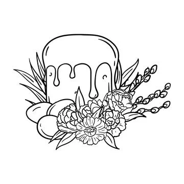 Coloring page of Easter cake, pussy willow and egg Stock Illustration
