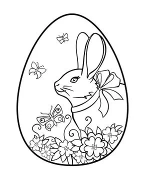 Coloring page - easter egg. Easter egg with cute, beautiful rabbit, flowers Illustrazione stock