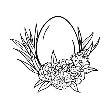 Coloring page of Easter egg in grass and flowers Stock Illustration