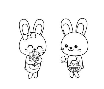 Coloring page Easter rabbits with flowers and eggs. Black and white bunny Stock Illustration