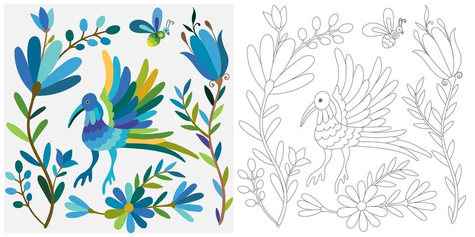 Coloring page, example for coloring, composition with flowers and animals i.. Stock Illustration