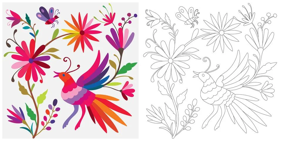 Coloring page, example for coloring, composition with flowers and animals i.. Stock Illustration