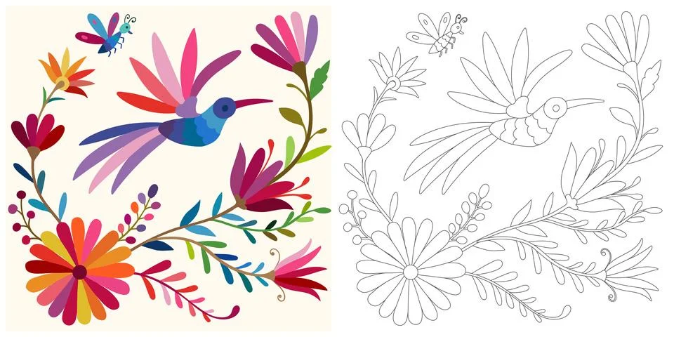 Coloring page, example for coloring, composition with flowers and animals i.. Stock Illustration