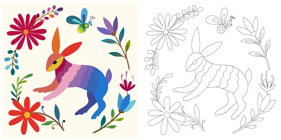 Coloring page, example for coloring, composition with flowers and animals i.. Stock Illustration