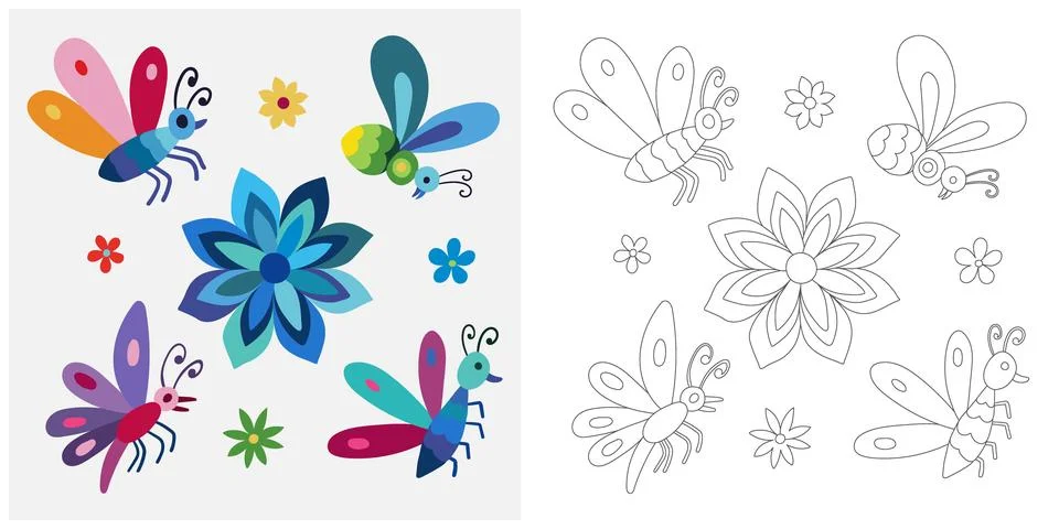 Coloring page, example for coloring, composition with flowers and animals i.. Stock Illustration