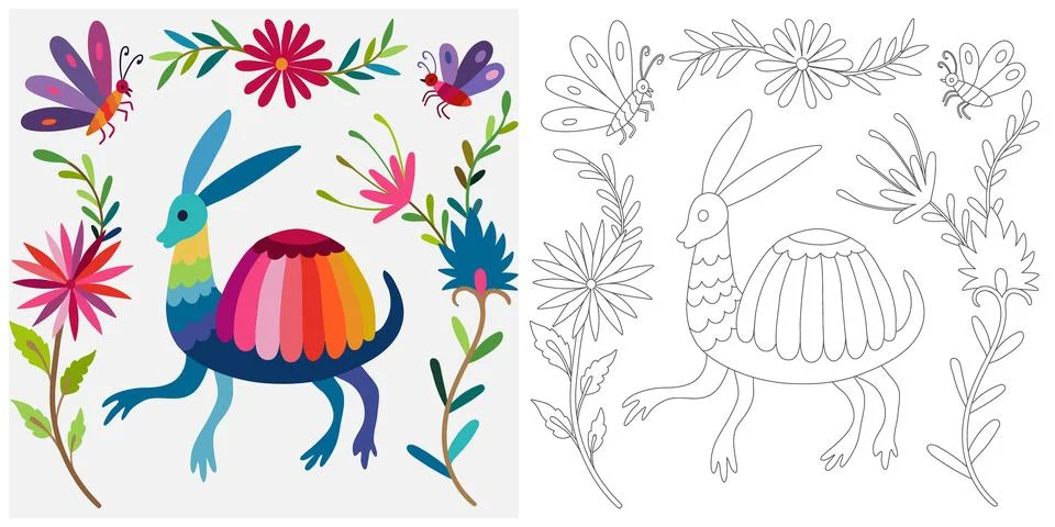 Coloring page, example for coloring, composition with flowers and animals i.. Stock Illustration