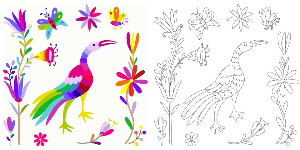 Coloring page, example for coloring, composition with flowers and animals i.. Stock Illustration
