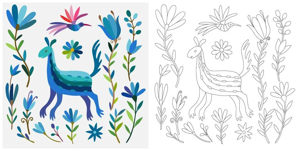 Coloring page, example for coloring, composition with flowers and animals i.. Stock Illustration