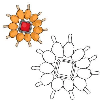 Coloring page featuring chicken nuggets arranged in a circle with wooden sticks  Stock Illustration